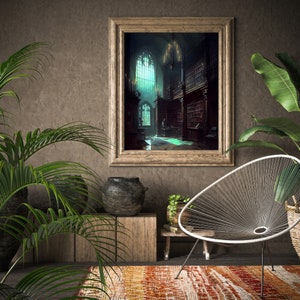 May include: A framed illustration of a dark, gothic library with a large window and a chandelier. The library is filled with bookshelves and a wooden floor. The image is hanging on a wall in a room with plants and a chair.