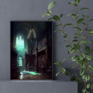 May include: A dark, gothic library with tall bookshelves filled with books. A large window with stained glass lets in light, illuminating the room. A chandelier hangs from the ceiling, casting shadows on the walls.
