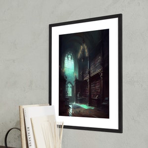 May include: A painting depicting a dark, gothic library with a large stained glass window. The library is filled with bookshelves and a chandelier hangs from the ceiling.