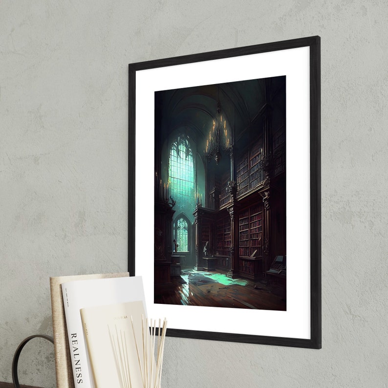May include: A painting depicting a dark, gothic library with a large stained glass window. The library is filled with bookshelves and a chandelier hangs from the ceiling.