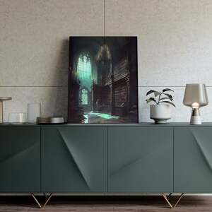 May include: A framed print depicting a dark, gothic library with a large window and a chandelier. The library is filled with bookshelves and has a wooden floor.
