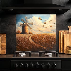 Gehärteter Glas-Aufhänger, Windmühlen-Glas Aufhänger, Küchen-Aufhängung hinter dem Herd, Glas-Aufhängung für die Küche, rustikale Ofen-Aufhängung