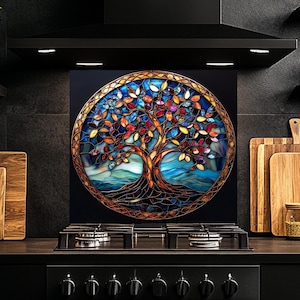 Tempered Glass Backsplash, Tree Glass Backsplash, Kitchen Backsplash Behind Stove, Glass Backsplash for Kitchen, Rustic Stove Backsplash