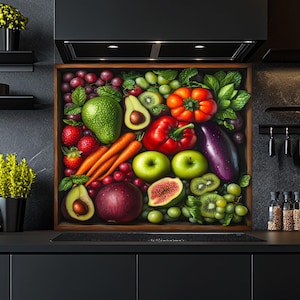 May include: A wooden tray filled with a colorful assortment of fresh produce. The arrangement includes strawberries, grapes, avocados, carrots, apples, peppers, figs, and kiwi. The produce is arranged in a visually appealing way, with a variety of colors and textures.