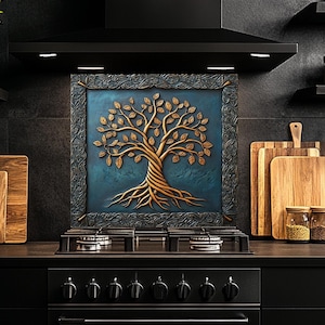 Tempered Glass Backsplash, Tree Glass Backsplash, Kitchen Backsplash Behind Stove, Glass Backsplash for Kitchen, Rustic Stove Backsplash