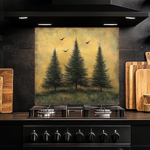Tempered Glass Backsplash, Tree Glass Backsplash, Kitchen Backsplash Behind Stove, Glass Backsplash for Kitchen, Rustic Stove Backsplash