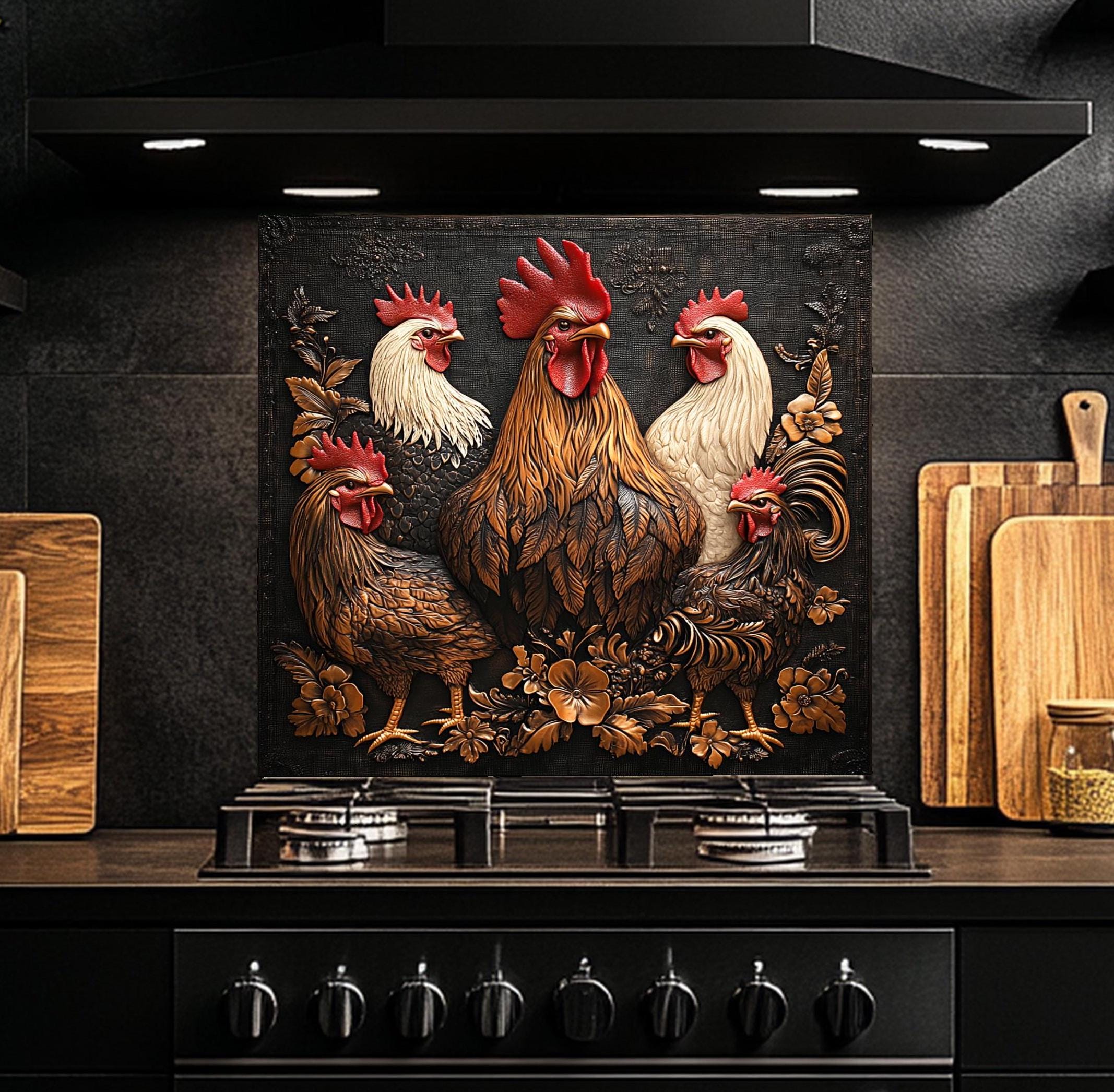 Tempered Glass Backsplash, Rooster Glass Backsplash, Kitchen Backsplash Behind Stove, Glass Backsplash for Kitchen, Rustic Stove Backsplash