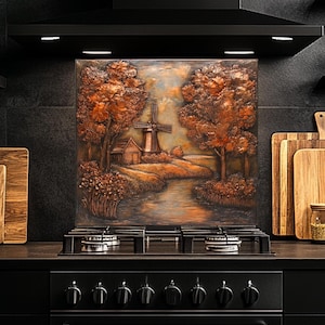 Tempered Glass Backsplash, Windmill Glass Backsplash, Kitchen Backsplash Behind Stove, Glass Backsplash for Kitchen, Rustic Stove Backsplash
