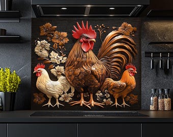 Tempered Glass Backsplash, Rooster Glass Backsplash, Kitchen Backsplash Behind Stove, Glass Backsplash for Kitchen, Rustic Stove Backsplash