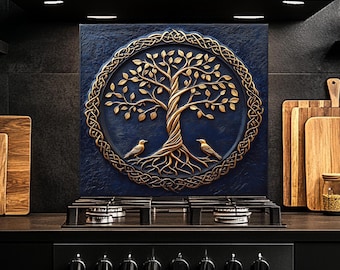 May include: A decorative kitchen backsplash featuring a gold-colored tree of life design within a circular Celtic knot border, set against a textured navy blue background. Two birds are perched at the base of the tree. The backsplash is installed above a black stovetop.