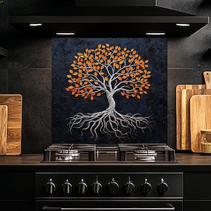 Tempered Glass Backsplash, Tree Glass Backsplash, Kitchen Backsplash Behind Stove, Glass Backsplash for Kitchen, Rustic Stove Backsplash