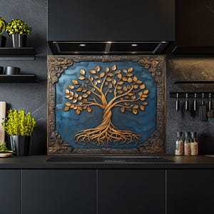 Tempered Glass Backsplash, Tree Glass Backsplash, Kitchen Backsplash Behind Stove, Glass Backsplash for Kitchen, Rustic Stove Backsplash