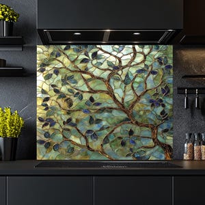 Backsplash van gehard glas achter fornuis, glas-in-lood boomontwerp spatscherm keuken, decoratieve glazen backsplash voor fornuis, keukencadeau