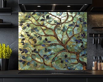Paraschizzi in vetro temperato dietro la stufa, paraschizzi per cucina con motivo ad albero in vetro colorato, paraschizzi in vetro decorativo per stufa, regalo per la cucina