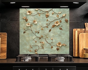 Tempered Glass Backsplash Behind Stove, Leafy Design Kitchen Splashback, Decorative Glass Backsplash for Stove, Kitchen Gift