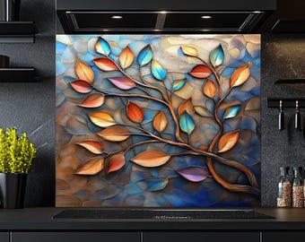 Tempered Glass Backsplash Behind Stove, Leaf-Patterned Glass Tree Design Kitchen Splashback, Decorative Glass Backsplash for Stove