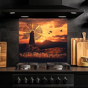 Tempered Glass Backsplash, Windmill Glass Backsplash, Kitchen Backsplash Behind Stove, Glass Backsplash for Kitchen, Rustic Stove Backsplash