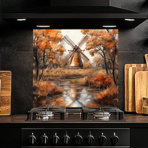 Tempered Glass Backsplash, Windmill Glass Backsplash, Kitchen Backsplash Behind Stove, Glass Backsplash for Kitchen, Rustic Stove Backsplash