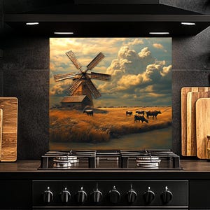 Tempered Glass Backsplash, Windmill Glass Backsplash, Kitchen Backsplash Behind Stove, Glass Backsplash for Kitchen, Rustic Stove Backsplash