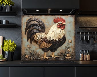 Tempered Glass Backsplash, Rooster Glass Backsplash, Kitchen Backsplash Behind Stove, Glass Backsplash for Kitchen, Rustic Stove Backsplash