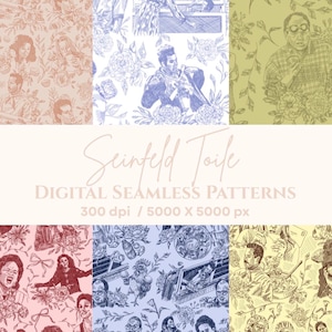 May include: Digital seamless patterns featuring illustrations of Seinfeld characters with floral elements. The patterns are in various color schemes, including peach, blue, and green. The text "Seinfeld Toile" and "DIGITAL SEAMLESS PATTERNS" are displayed.