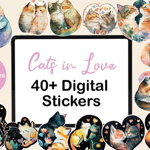 Könnte beinhalten: Ein digitales Sticker-Set mit über 40 Aquarell-Illustrationen von verliebten Katzen. Die Sticker sind perfekt, um deinen digitalen Planer, Notizen oder andere digitale Projekte mit einem Hauch von Verspieltheit zu versehen. Der Text "Cats in Love" und "40+ Digital Stickers" wird auf weißem Hintergrund angezeigt.