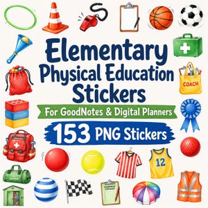 Könnte beinhalten: Eine Sammlung digitaler Aufkleber mit Sportgeräten wie Bällen, Pylonen, Trillerpfeifen, Trikots und Erste-Hilfe-Sets. Der Text lautet Elementary Physical Education Stickers For GoodNotes & Digital Planners 153 PNG Stickers.