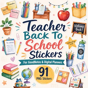 Könnte beinhalten: Eine Sammlung digitaler Aufkleber im Aquarellstil mit Schulbedarf wie Büchern, einem Globus, einem Apfel, Stiften, einer Tafel mit 'Welcome Back!' und einer Trinkflasche. Der Text lautet 'Teacher Back To School Stickers For GoodNotes & Digital Planners' und '91 PNG Stickers'.