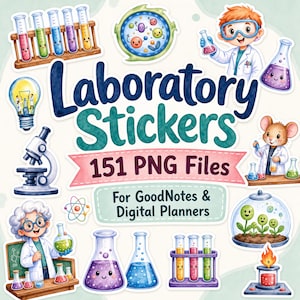 May include: A collection of laboratory-themed stickers featuring cartoon scientists, test tubes with faces, microscopes, beakers, and plants under glass. The text reads Laboratory Stickers 151 PNG Files For GoodNotes & Digital Planners.