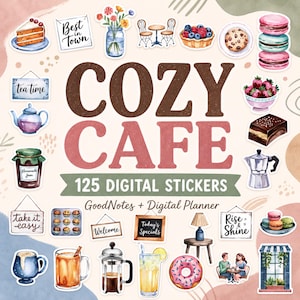 以下が含まれることがあります： COZY CAFE, GoodNotes + Digital Plannerというタイトルの125種類のデジタルステッカーセット。ケーキ、紅茶、コーヒー、ペストリー、マカロン、テキスト付きの看板、カフェの家具など、カフェアイテムの水彩画イラストが多数含まれています。