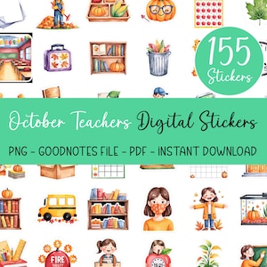 Könnte beinhalten: Eine Sammlung von 155 digitalen Aufklebern mit Herbstmotiven, darunter Kürbisse, Schulmaterialien und Blätter. Der Text lautet "October Teachers Digital Stickers".