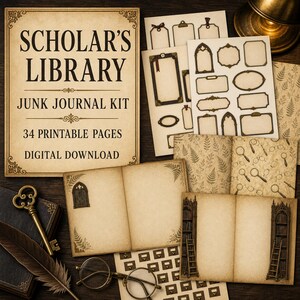 Könnte beinhalten: Ein Scholar's Library Junk-Journal-Set mit 34 druckbaren Seiten, digitaler Download. Enthält Bögen mit Vintage-Rahmen, Farnmustern, Lupenmotiven, Bibliothekskartenkatalogen, offenen Buchseiten mit gotischen Bögen und Bücherregalen.