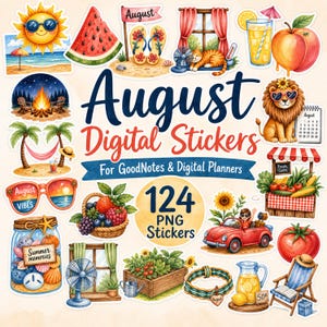 May include: A collection of digital stickers featuring summer themes including a sun, watermelon, flip-flops, a cat, lemonade, a peach, a campfire, a lion, a hammock, sunglasses, a fruit basket, a car, a garden, and a jar with the text August Digital Stickers.