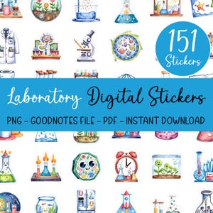 Könnte beinhalten: Ein Set mit 151 digitalen Stickern mit bunten Illustrationen von Laborausrüstung, Wissenschaftlern und anderen wissenschaftlichen Objekten. Die Sticker sind perfekt, um deinen digitalen Planer, Notizen oder andere Dokumente mit einem lustigen und lehrreichen Touch zu versehen. PNG - GOODNOTES FILE - PDF - SOFORTIGER DOWNLOAD