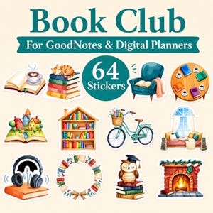 Könnte beinhalten: Ein digitales Sticker-Set mit dem Titel Book Club For GoodNotes & Digital Planners mit 64 Stickern, darunter Bücher, eine Katze, ein blaugrüner Sessel, ein runder Tisch, ein Haus, ein Bücherregal, ein Fahrrad, ein Fensterplatz, Kopfhörer, ein Kranz, eine Eule und ein Kamin.