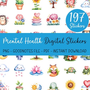 197 Mental Health Stickers Digital Download for Goodnotes Self Care Planner Stickers Wellness Bundle PNG Digital Stickers Brain Positivity