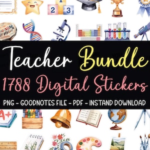 Puede incluir: Un paquete de pegatinas digitales para profesores con 1788 pegatinas en formatos PNG, Goodnotes y PDF. Las pegatinas presentan una variedad de temas educativos, que incluyen un gorro de graduación, un microscopio, un globo terráqueo, una campana, lápices de colores y una paleta de pintura.