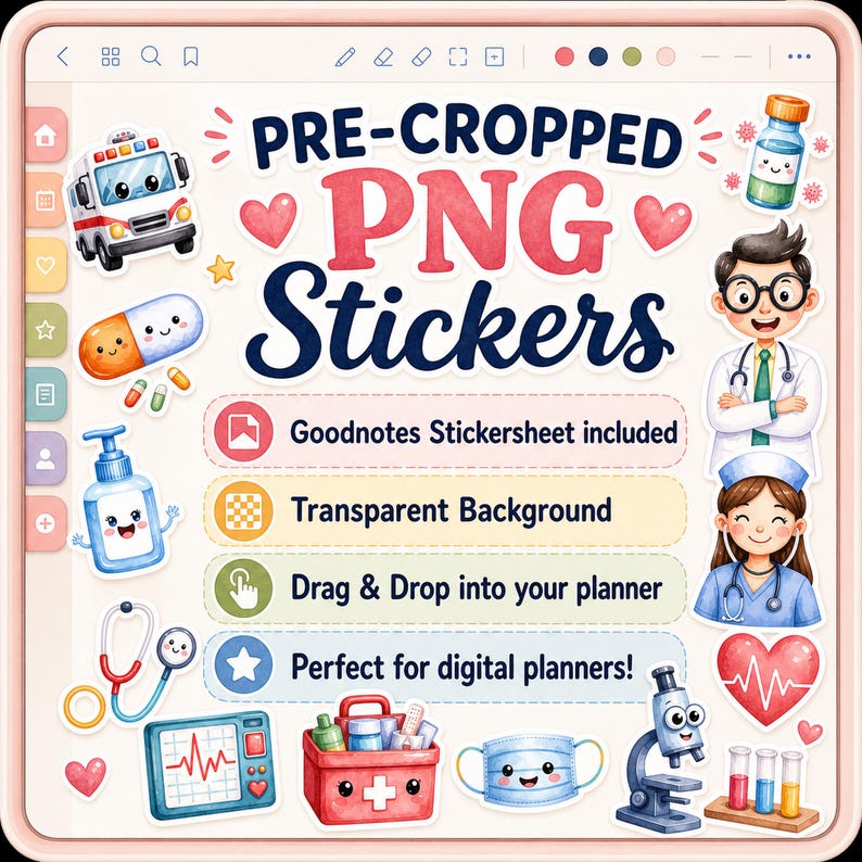 May include: A digital sticker sheet featuring medical-themed illustrations including an ambulance, pill, hand sanitizer, stethoscope, monitor, first aid kit, mask, microscope, test tubes, doctor, and nurse with the text PRE-CROPPED PNG Stickers.