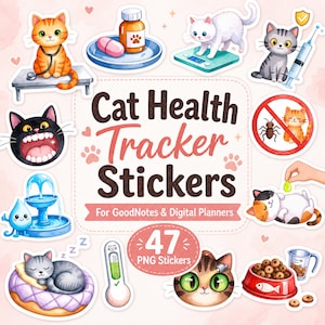 Cat Health Tracker Stickers Digital Planner, Pet Care PNG Stickers, Vet Visit GoodNotes Sticker Set