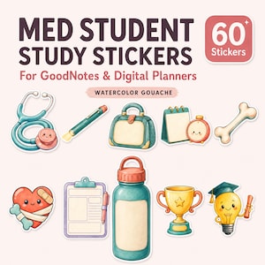 May include: A set of 60 digital stickers labelled Med Student Study Stickers for GoodNotes & Digital Planners. The watercolour gouache illustrations include a stethoscope, pen, bag, calendar, clock, bone, heart with bandages, clipboard, water bottle, trophy, and a lightbulb wearing a graduation cap.