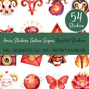 May include: A collection of 54 digital Aries zodiac sign stickers. The stickers feature various watercolor illustrations, including a ram skull, a red gem, and a red butterfly. Text on the image reads "Aries Stickers Zodiac Signs Digital Stickers".