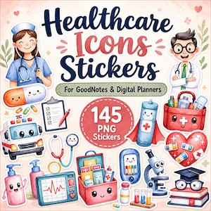 145 Healthcare Stickers Digital Download Bundle Medical Hospital Nurse Doctor Goodnotes Digital Planner PNG Precropped iPad Stickers image 1