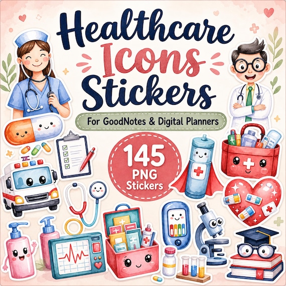 145 Healthcare Stickers Digital Download Bundle Medical Hospital Nurse Doctor Goodnotes Digital Planner PNG Precropped iPad Stickers
