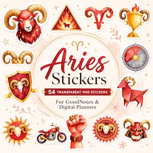 May include: A collection of Aries-themed stickers featuring a ram head, a flaming triangle, a golden chalice, a shield, a red origami ram, a motorcycle, a fist with a ring, and a mask, with text reading Aries Stickers 54 TRANSPARENT PNG STICKERS.