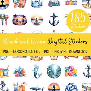 Könnte beinhalten: Ein Set mit 185 digitalen Stickern mit Strand- und Meeresmotiven. Die Sticker beinhalten Bilder von Meerjungfrauen, Ankern, Muscheln, Palmen und vielem mehr. Die Sticker sind perfekt, um deinen digitalen Planer, Notizen oder andere Dokumente mit einem Hauch von Sommer zu versehen.