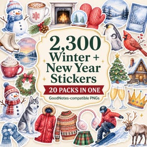Könnte beinhalten: Eine Sammlung von 2.300 Winter- und Neujahrsaufklebern mit Illustrationen von Schneemännern, heißer Schokolade, Kaminen, Fäustlingen, Pinguinen, Kardinälen, Weihnachtsbäumen, einer Hütte, Champagnergläsern, einer Krone, einem Husky, Winterkleidung und einem Snowboarder.