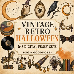 Könnte beinhalten: Eine Sammlung digitaler Halloween-Illustrationen im Vintage-Stil mit einer Mondsichel, einer Eule auf einem Besen, einer Spinne im Rahmen, einem Raben, einer Sonne, einer Maske, einer Schallplatte, einem Karussellpferd, einem Riesenrad und Büchern.