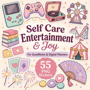 Könnte beinhalten: Ein digitales Sticker-Set mit Illustrationen einer tragbaren Spielkonsole, eines Controllers, eines Plattenspielers, eines Riesenrads, einer Achterbahn, eines Zirkuszeltes, Büchern, Tickets, Spielkarten, Wunderkerzen und eines Fächers mit dem Text Self Care Entertainment & Joy.