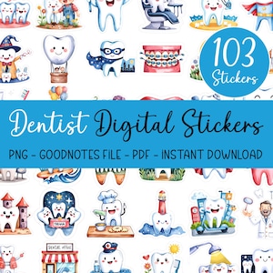 Könnte beinhalten: Ein Set mit 103 digitalen Stickern mit bunten Illustrationen von Zähnen, Zahnarztwerkzeugen und anderen zahnmedizinischen Motiven. Die Sticker eignen sich perfekt für die Verwendung in digitalen Planern, Notizen und anderen digitalen Dokumenten. Der Text "Dentist Digital Stickers" und "PNG - GOODNOTES FILE - PDF - INSTANT DOWNLOAD" ist auf dem Bild zu sehen.
