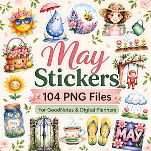104 May Digital Stickers Pack Goodnotes Planner PNG Spring Garden Journal Kawaii Floral Nature Collection Cottage Core Digital Download iPad